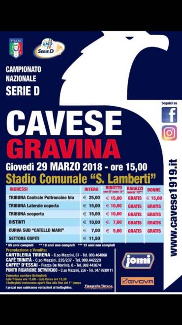 Cavese- FBC Gravina: info biglietti