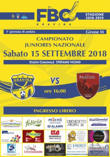 Juniores, ci siamo! Sabato c’è Gravina-Nardò
